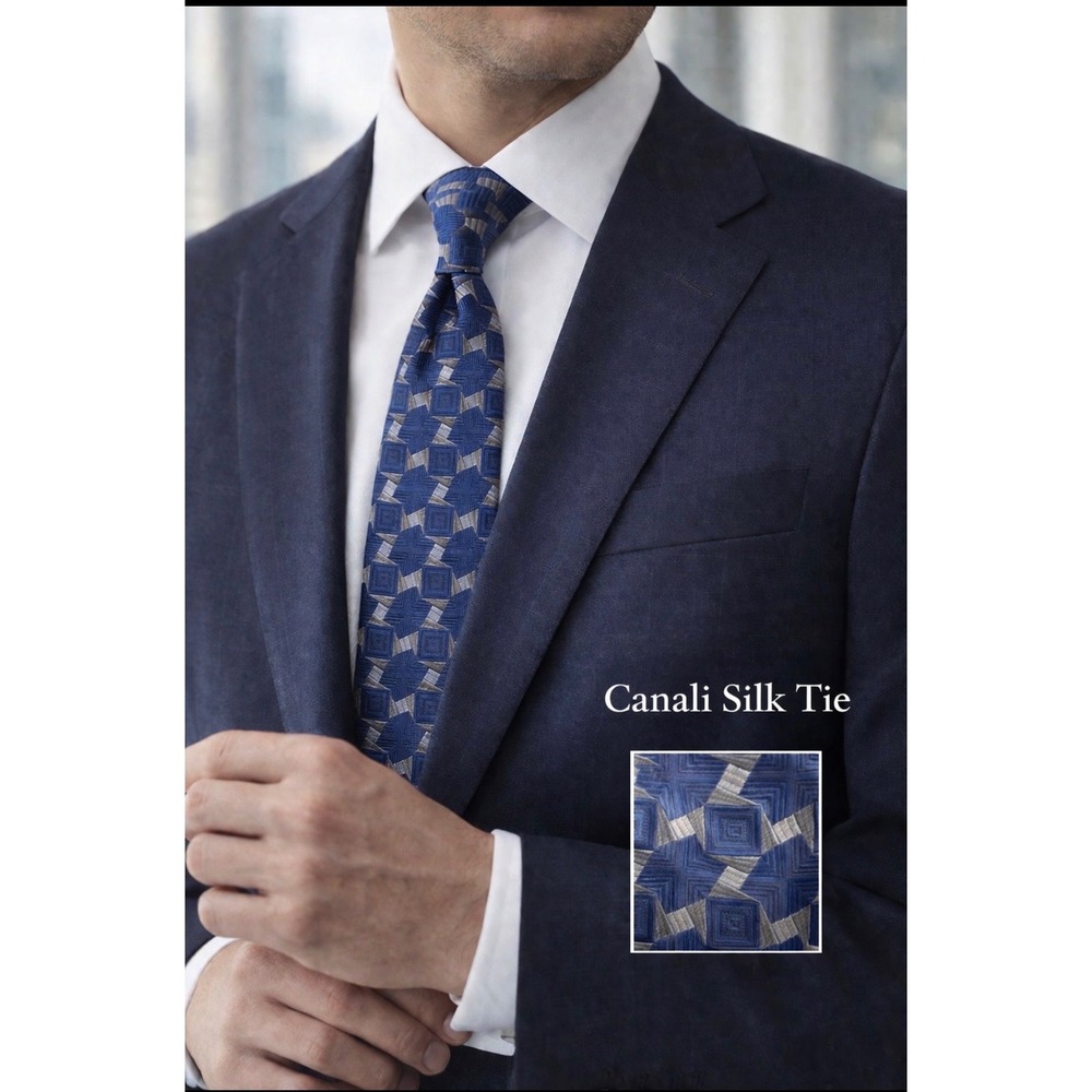 Canali Silk Tie Navy Blue Geometric Pattern Luxury Designer Italy Woven Necktie